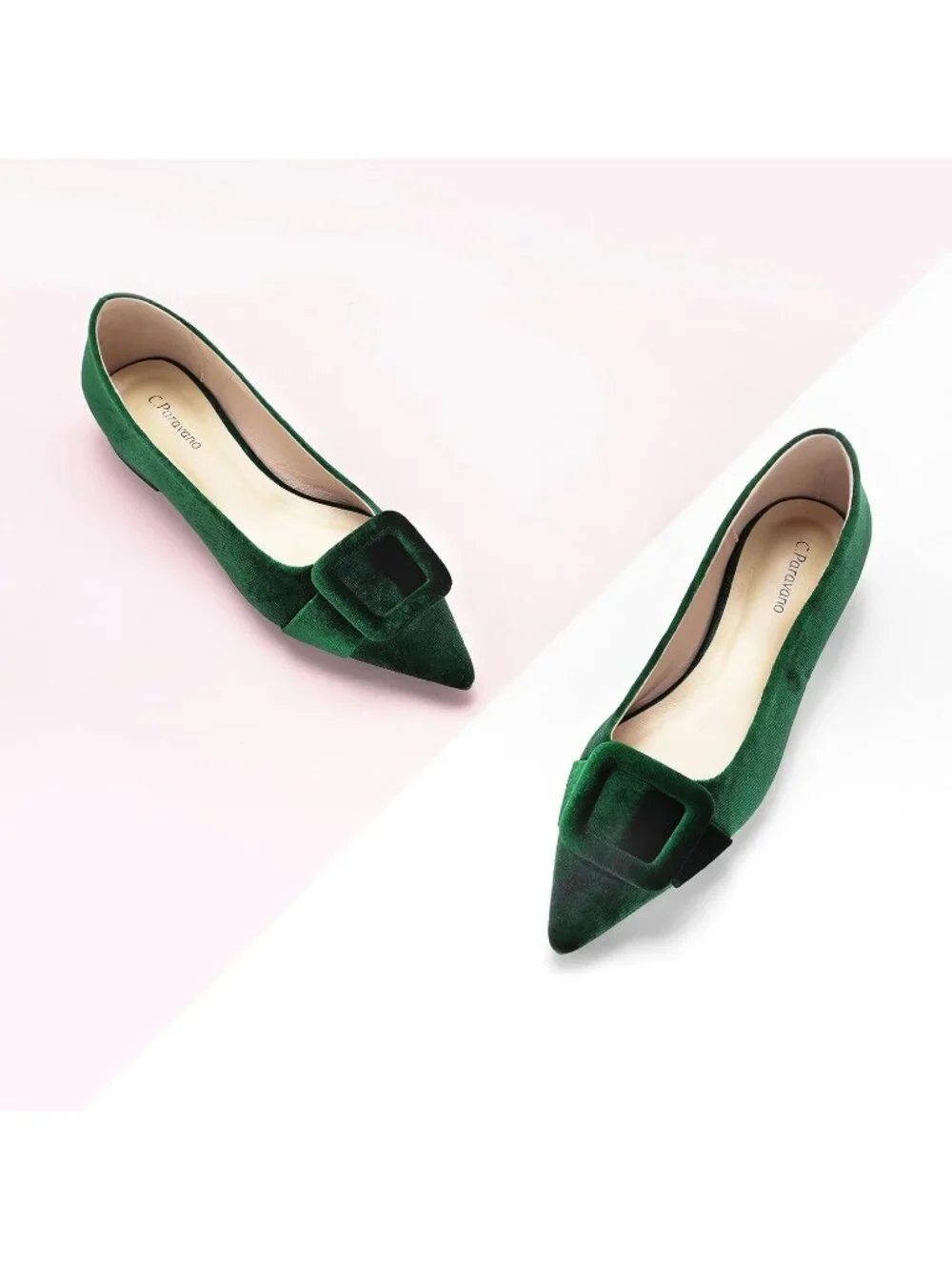 Women's Velvet Green Pointed Toe Square Buckle Flats Slip-On Comfortable Shoes